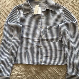 Striped Blue and White Cropped Button-Up Shirt